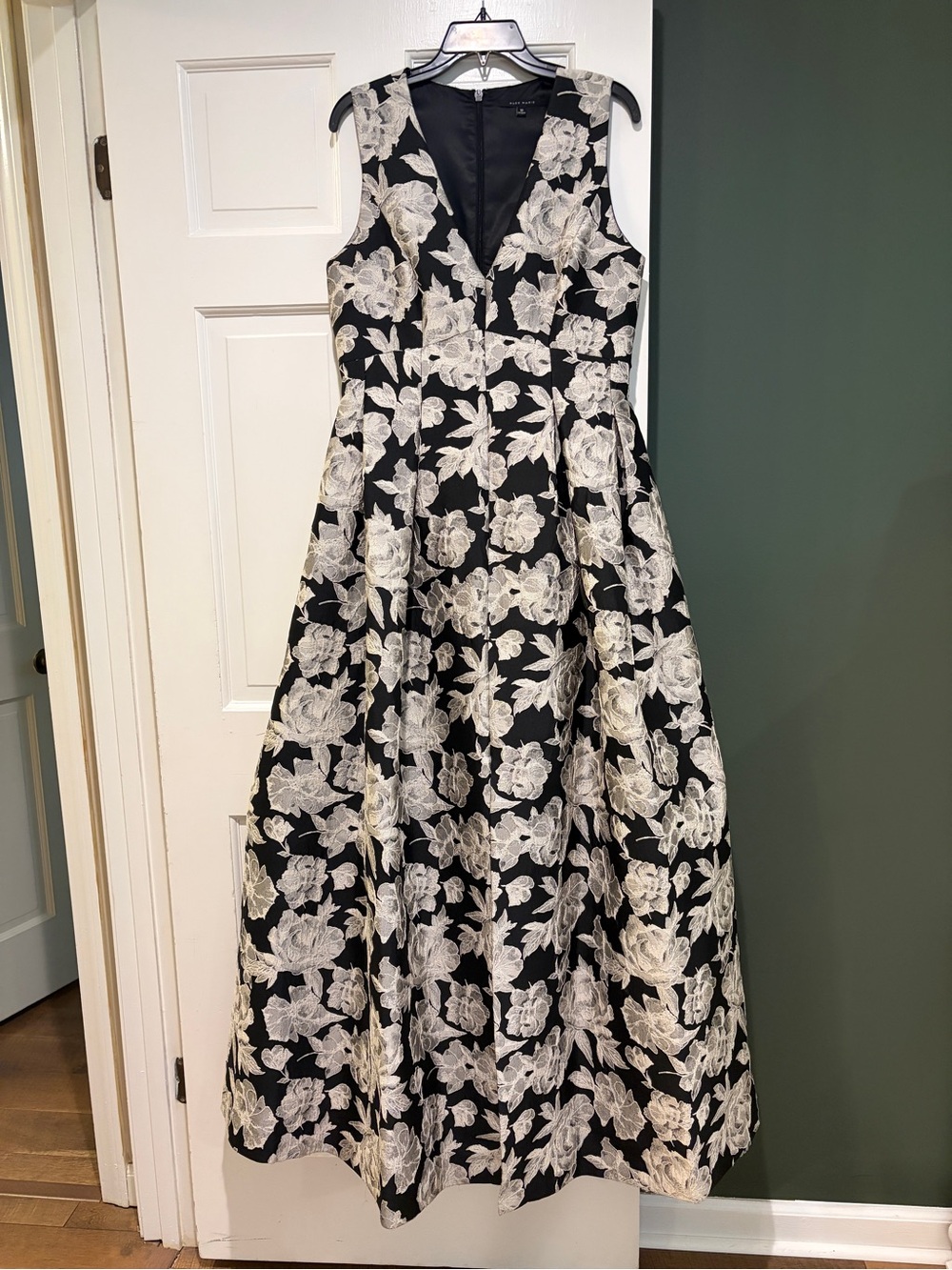 Alex Marie Black Formal Dress with White Floral Jacquard. Ball gown MOB